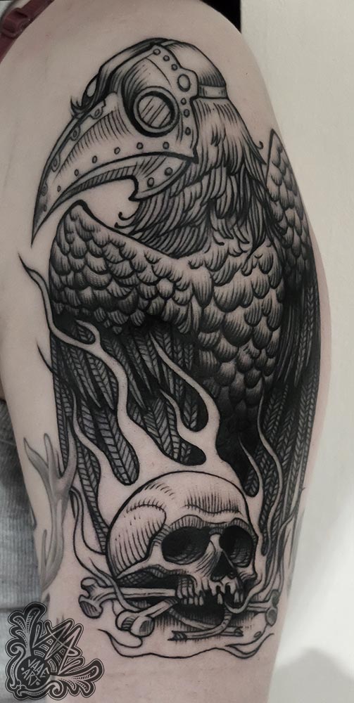 etching-grabado-entintado-lining-tattoo-blackwork-crow-medicodapeste-cuervo-skull-calavera